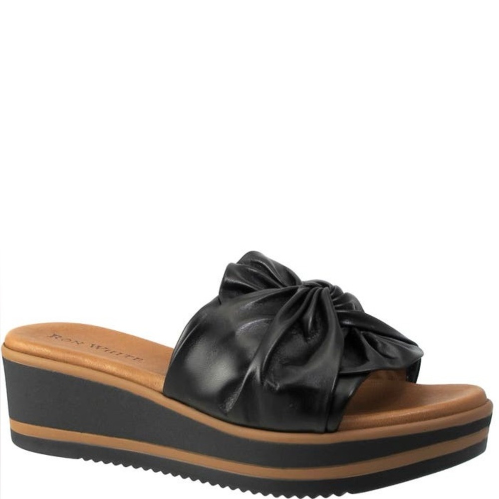 PRICCILA Ron White Black Leather Wedge Sandals Onyx NAPPA US 8.5/9 Euro 39